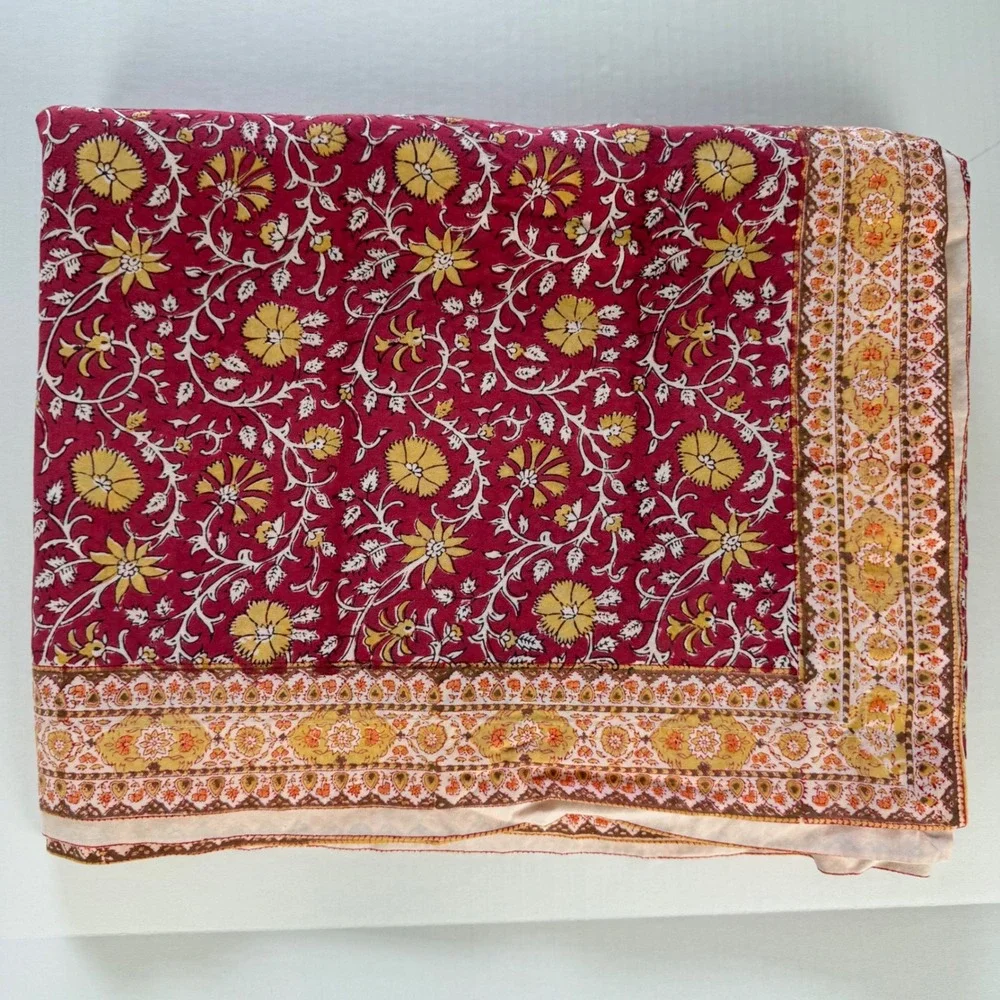 Pottery Barn Red Floral Block Print Cotton Tablecloth 70x108 Rectangular India